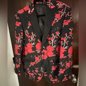 NWT Angelino Black Blazer with Red Floral Embroidery. Size 44R.